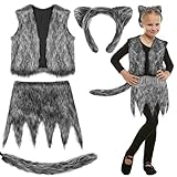 Matiniy Girls Wolf Costume Halloween Werewolf Costume Include Wolf Ear Headband Fur Vest Tail and Dress for Kids Cosplay Party Dress up Supplies