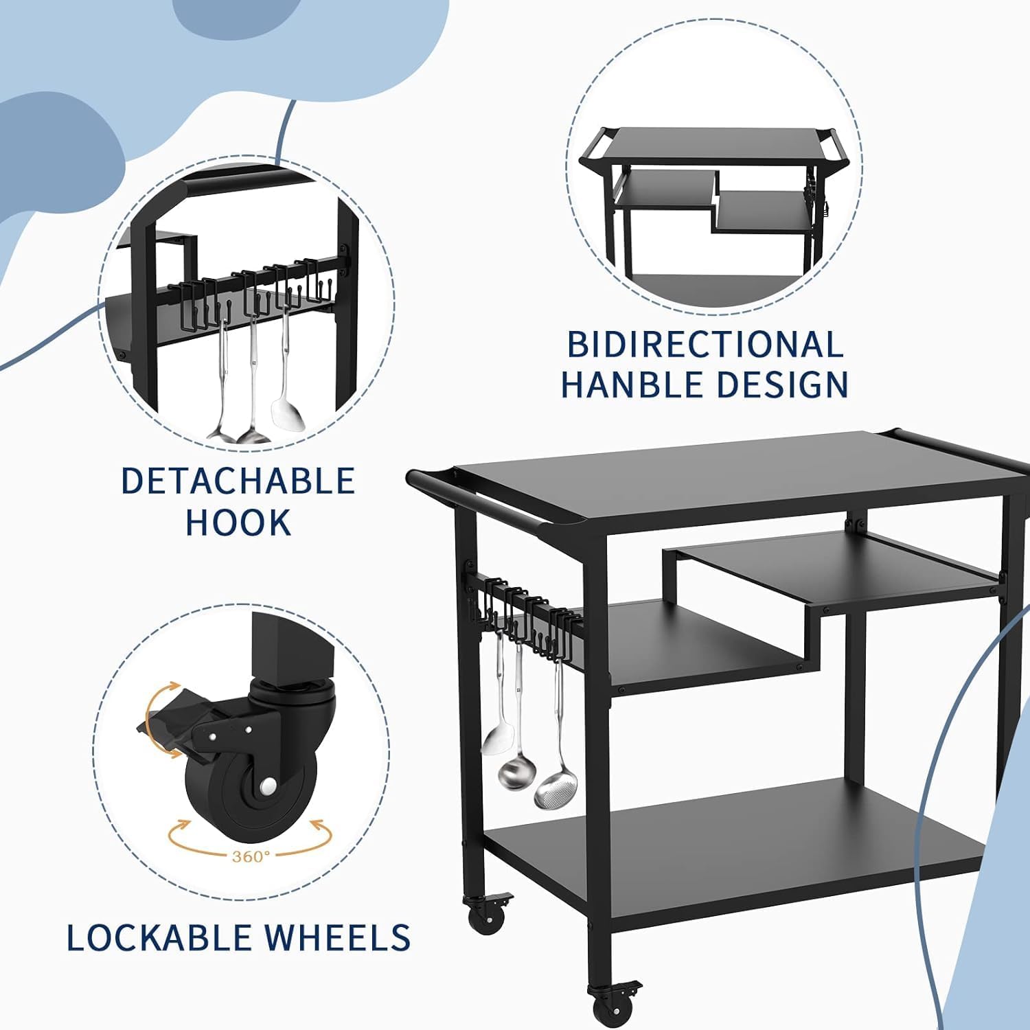 20" x 32" Mesa de barbacoa móvil de tres niveles, mesa de barbacoa multifuncional para exteriores, carrito de barbacoa con ruedas