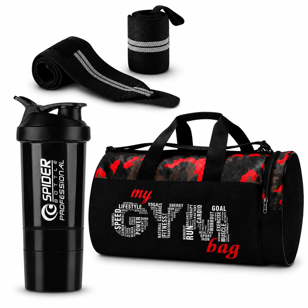 premium workout combo set 3, gym duffle bag with shoe pocket, shaker and wrist wrap support for daily fitness training (black)