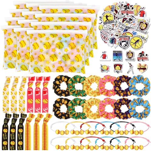 Yeyeplum 98 Pcs Softball Include Softball Goodie Makeup Bags Bracelet Hair Bands Hair Ties Sticker for Sports Team Gifts Birthday Decoration Party Supplies(Stylish)