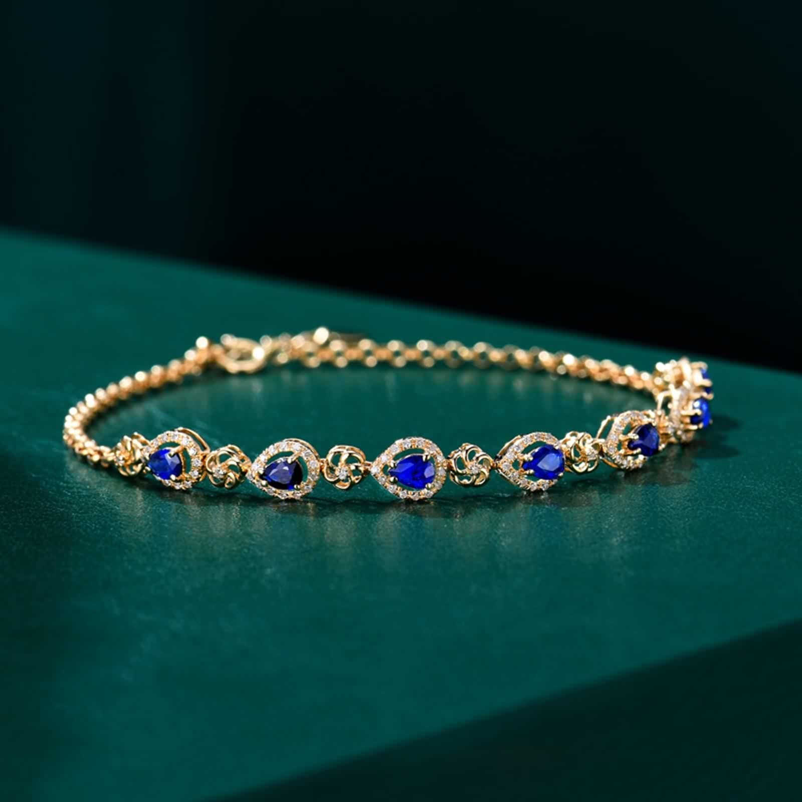 Pulsera Zafiro, Pulseras Mujer En Forma de Pera Azul Oro Rosa de 18 Kilates Zafiro En Forma de Lágrima Con Flor Hueca de 1,3ct Con Diamante
