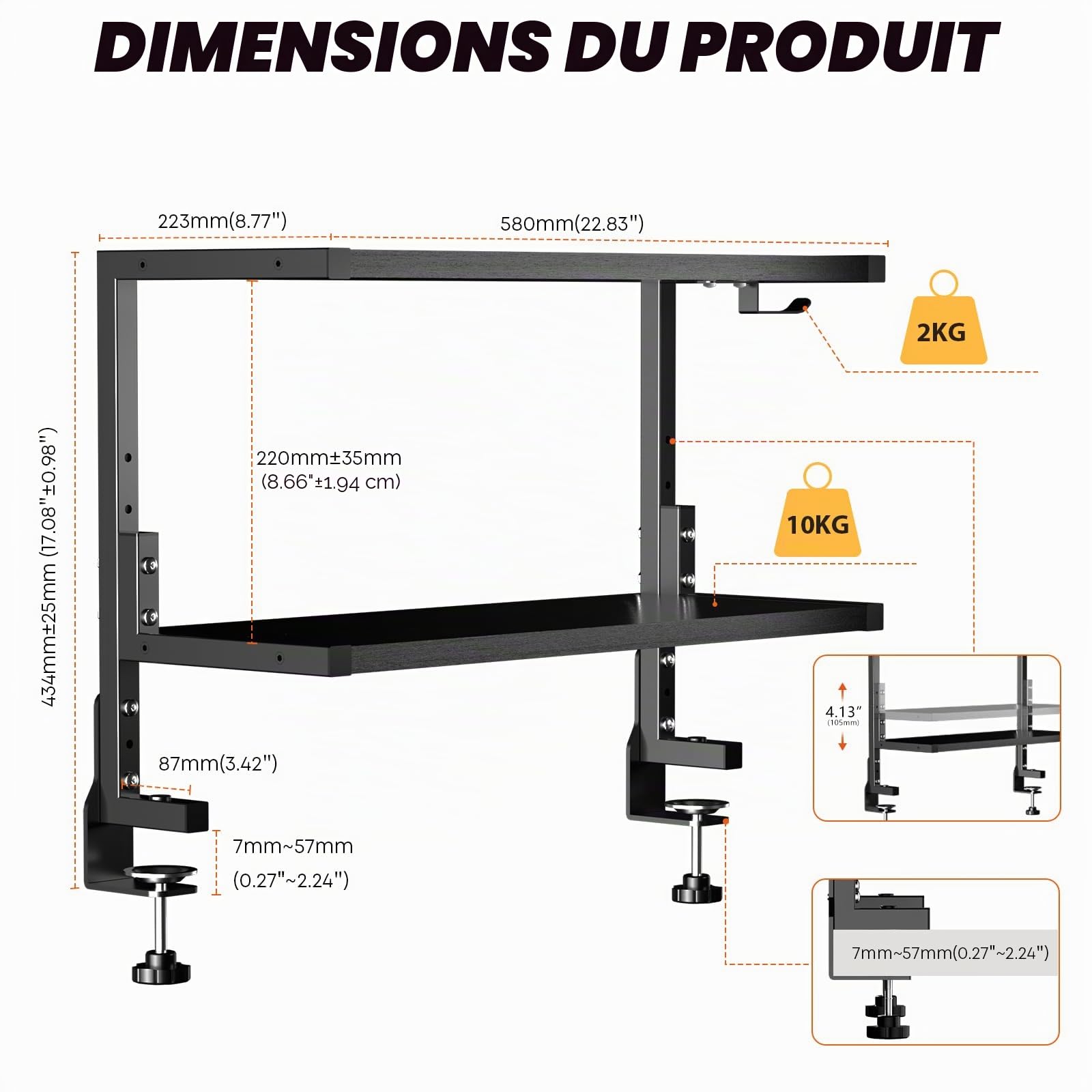 PUTORSEN Organisateur de Bureau à Pince 24 Pouces, Étagère à 2 Niveaux Au-Dessus ou en Dessous, Espace Personnalisé pour Accessoires, Etagere Cuisine, Noir