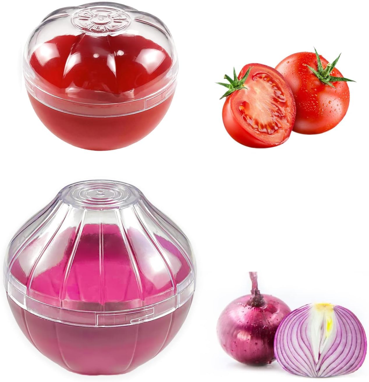 Fruit and Vegetable Shaped Savers, Onion and Tomato Storage Containers, for Fridge, Vegetable Crisper, Makes Food Stays Fresh Longer, Pack of 2