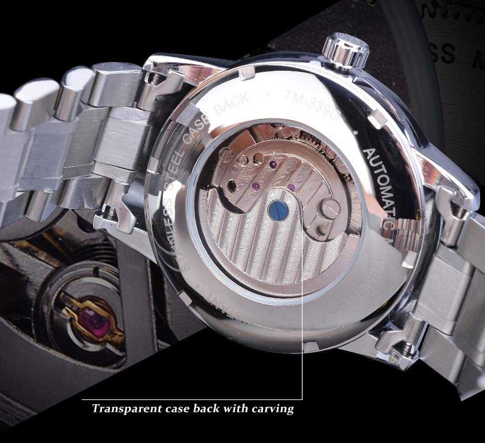 MASTOP Herren Automatik Analog Uhr Mode Skelett Tourbillon Wasserdicht Mondphase Edelstahl Mechanische Uhr