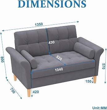 Compact 2 Seater Fabric Sofa with Tufted Back, Grey