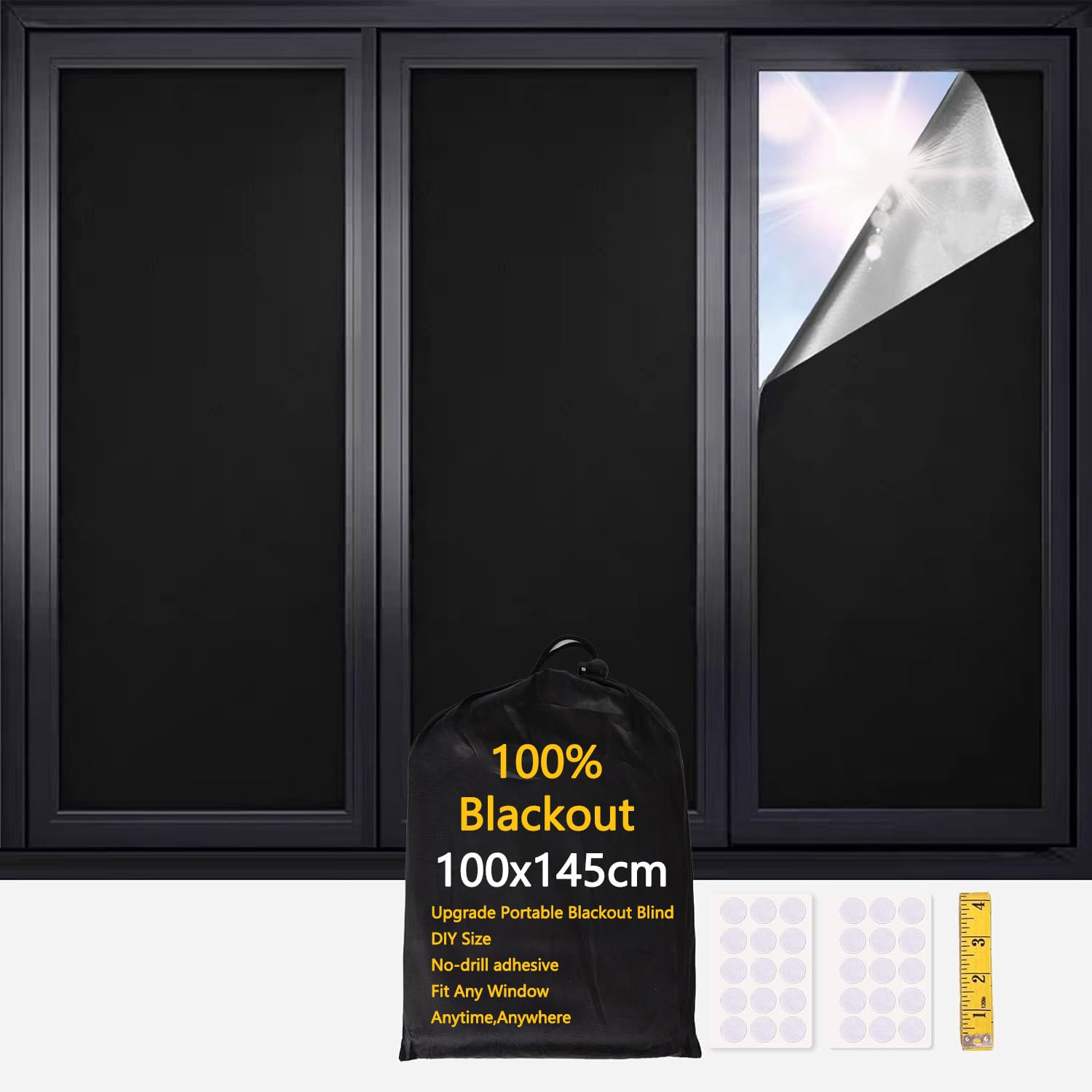 Blackout Blind, 100 X 145CM Portable blackout blinds Stick on Blinds for Window Bedroom Nursery Loft Travel RV Car