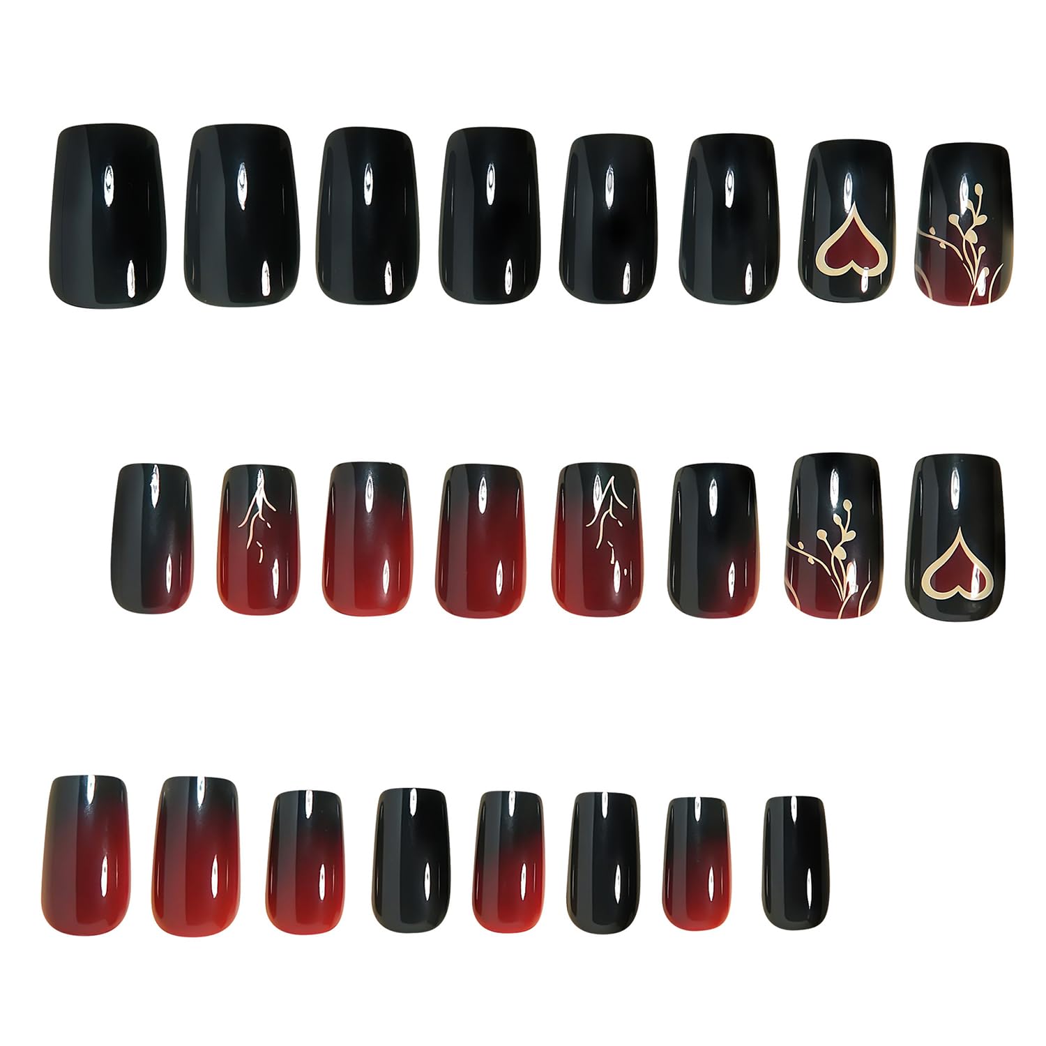 Wine Red Gradient Press On Nails With Gold Leaf And Heart Design_voghion.com