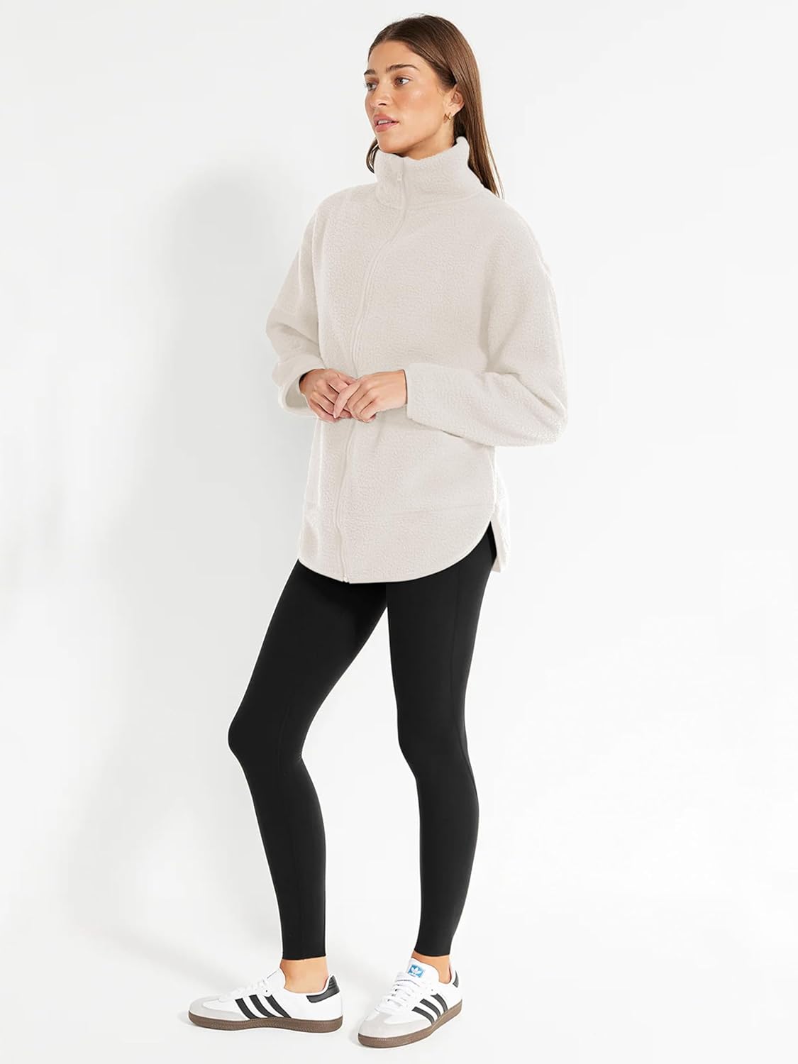 LASLULU Womens Full Zip Fleece Long Jacket Sherpa Oversized Sweatshirts Stand Collar Winter Coat Warm Sweater - Image 3