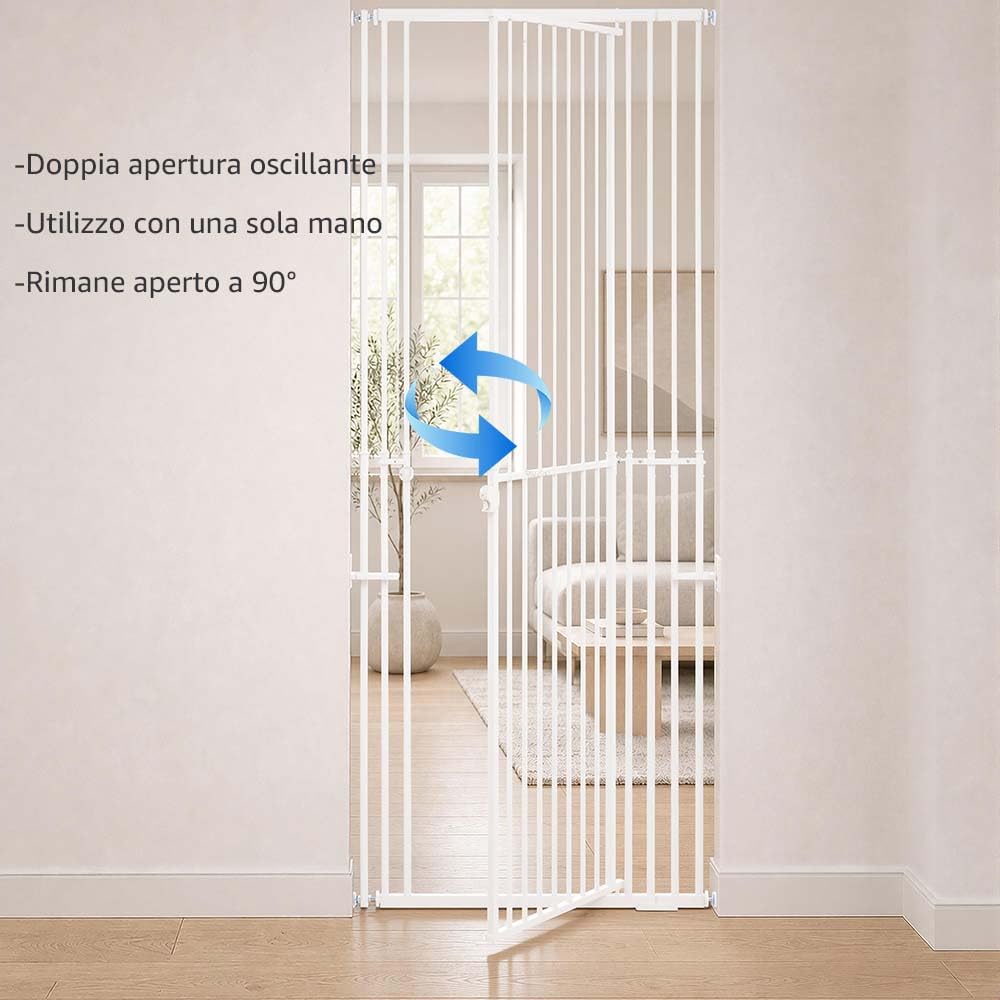 unipaws Cancello per gatti extra alto, regolabile in altezza 119-220 cm, adatto per aperture larghe 70-95 cm, cancello per animali domestici in metallo senza foratura, con porta a due vie, per porte