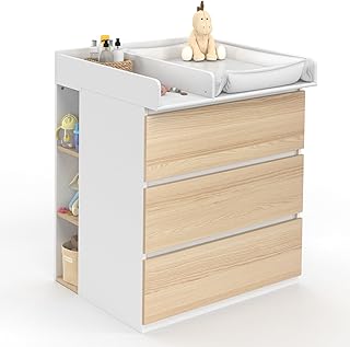 IDMarket - Commode à Langer évolutive Ambre façon hêtre et Blanc 3 tiroirs Table à Langer et 2 étagères Amovibles