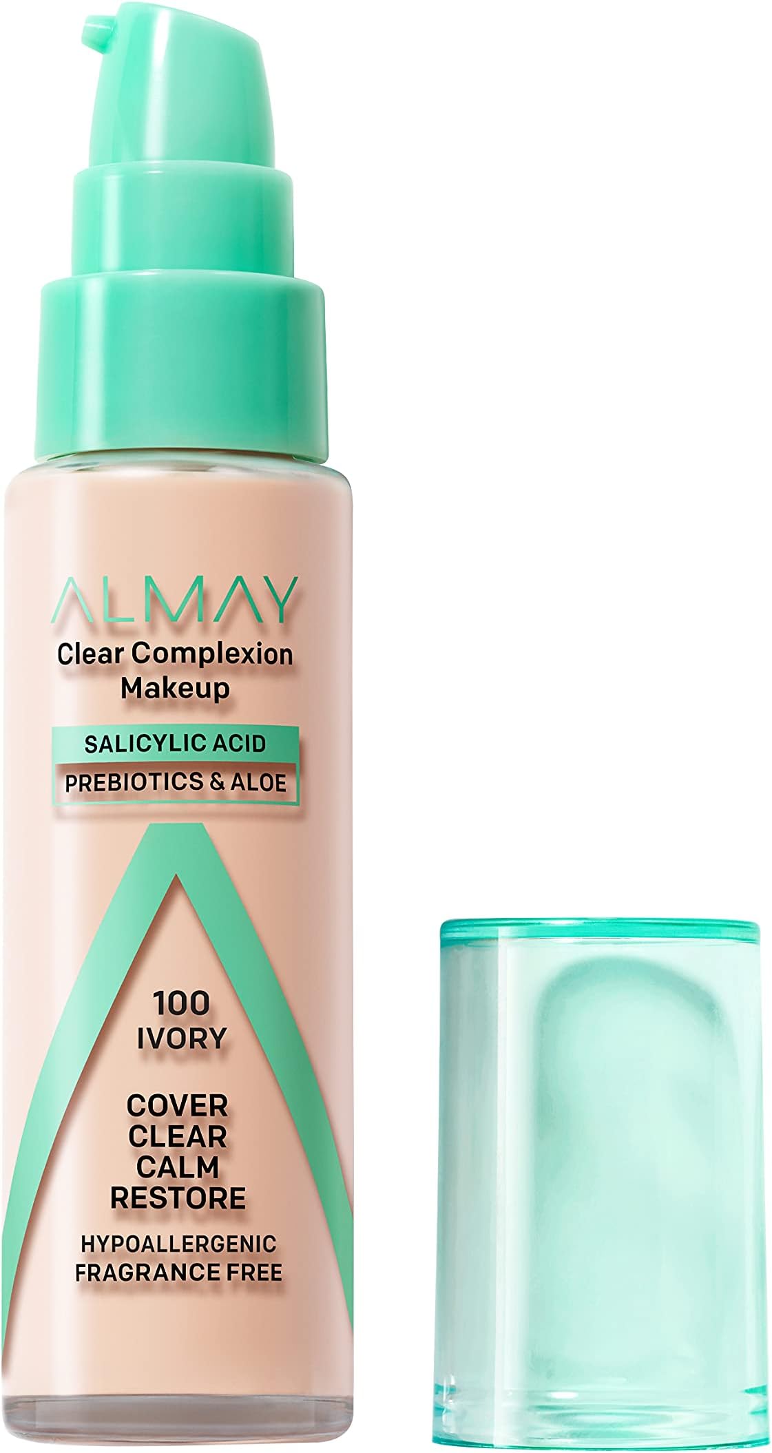 Almay Clear Complexion Acne Foundation Makeup with Salicylic Acid - Lightweight, Medium Coverage, Hypoallergenic, Fragrance Free, for Sensitive Skin , 100 Ivory, 1 fl oz.
