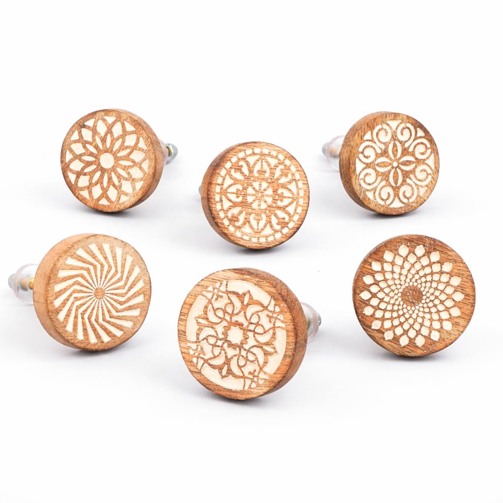 Indian-Shelf 6 Pieces Wooden Cabinet Knobs – Polished Round Boho Floral Drawer Pulls – Decorative Wood Knobs for Cabinets, Dressers & Drawers