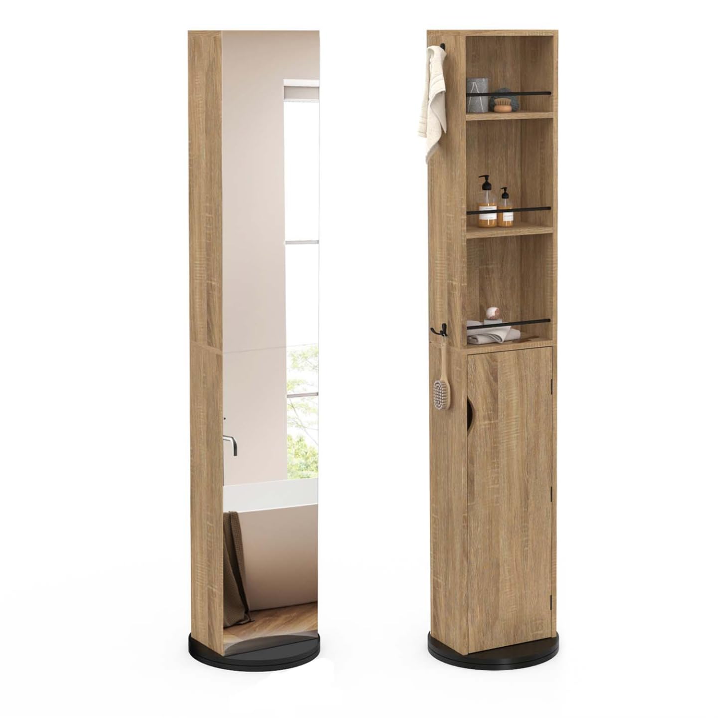 IDMarket - Mueble columna giratorio de baño con espejo, armario y estantes haya y negro ELIA