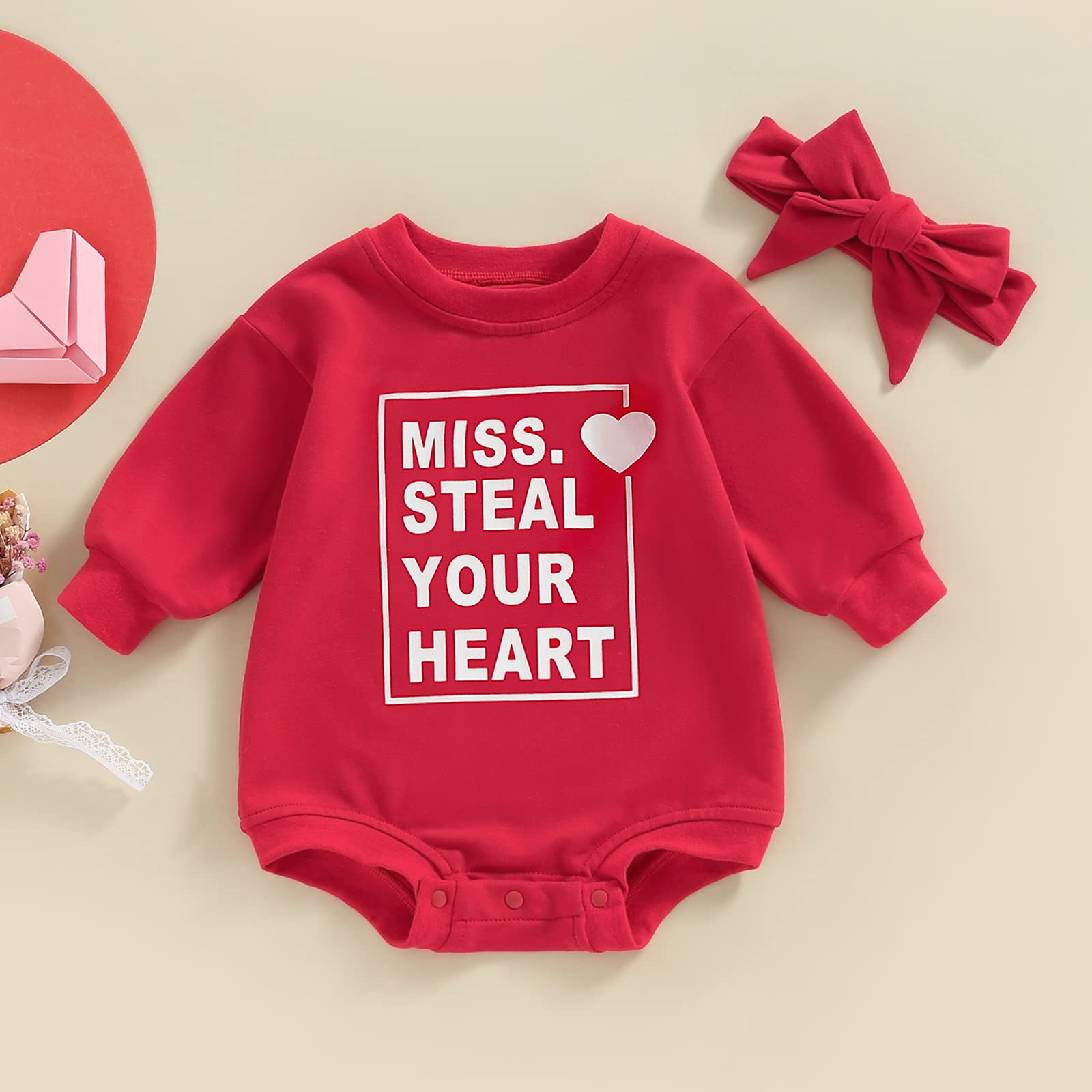 Kayotuas Baby Girl Bubble Sweatshirt Romper Valentines Day Onesie Bodysuit Crewneck Pullover Sweater Top Spring Clothes (Red MISS STEAL YOUR HEART,6-12 Months)
