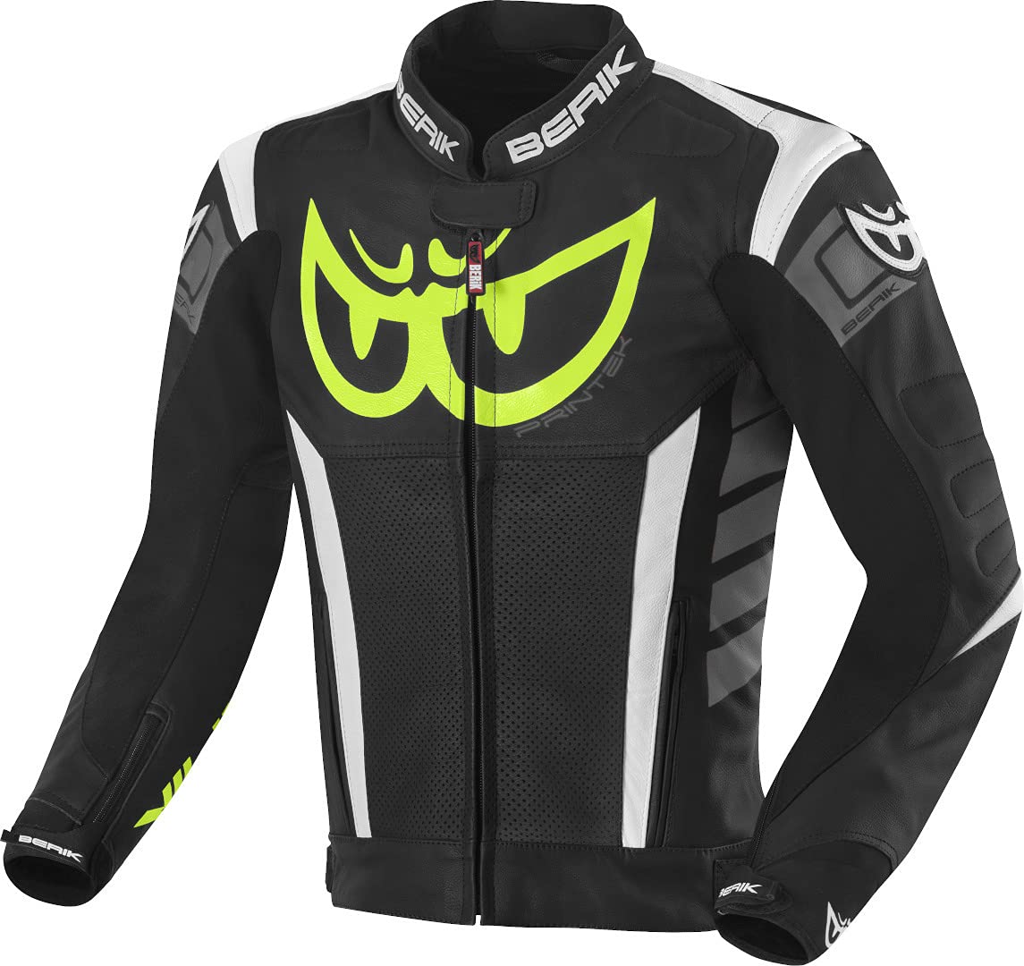 Berik Zakura Giacca in Pelle per Moto, Nero/​Bianco/​Giallo/​Grigio, 52