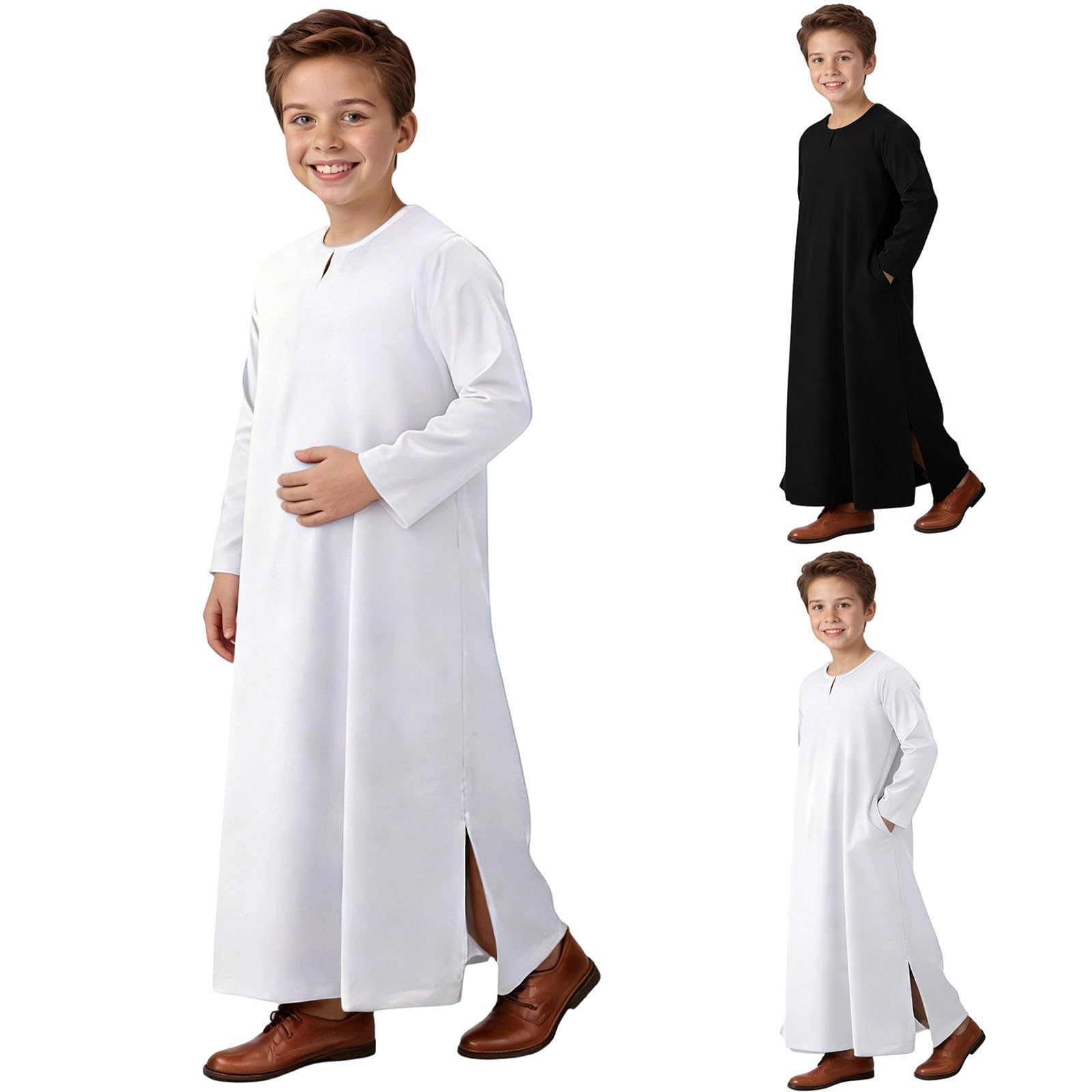 Ropa de oración para niños Ropa islámica Niños Abaya Niño Manga Larga Caftán árabe Con Bolsillo Vestidos Musulmanes Largos Islam Thobe Musulmana Túnica Dubai Túnica árabe