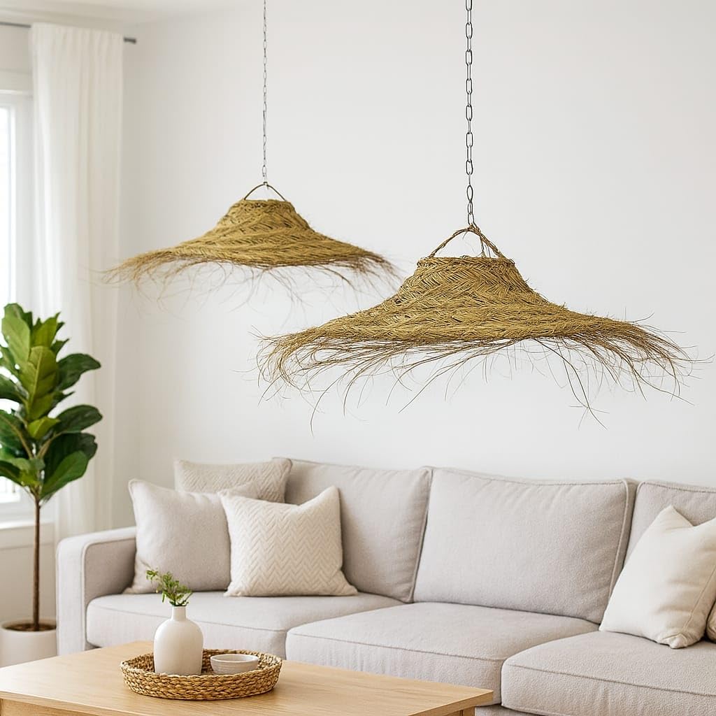 Generico Paralume Lampadario a Sospensione in Paglia Artigianale Marocchino: Stile Etnico, Illuminazione Naturale e Accogliente 2404251302 Vimini Rattan Palma Fibre Naturali Senza Impianto Elettrico