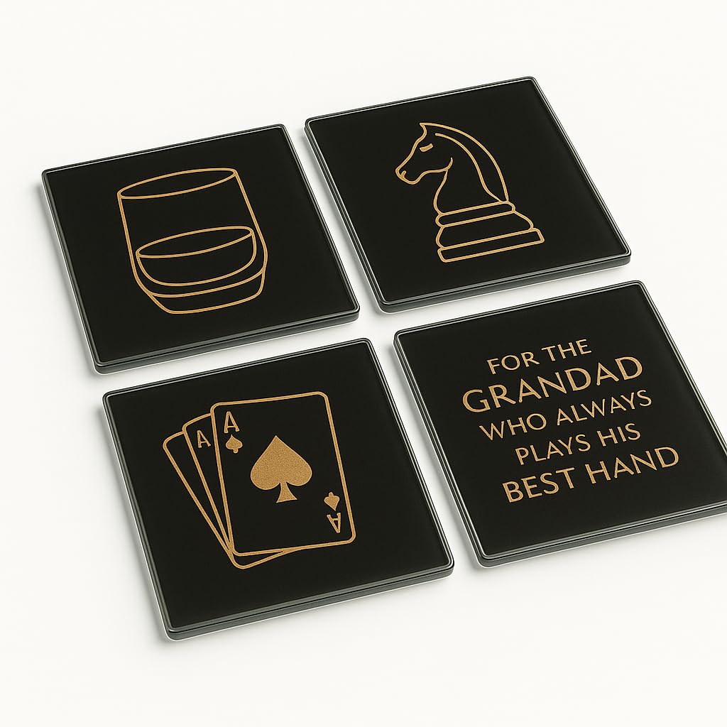 The Plum Penguin Grandads Luxe Touch Acrylic Coaster Gift Set Of 4 With Grandad Luxe Touch - Minimalist Whisky & Chess Design For Sophisticated Home Bar