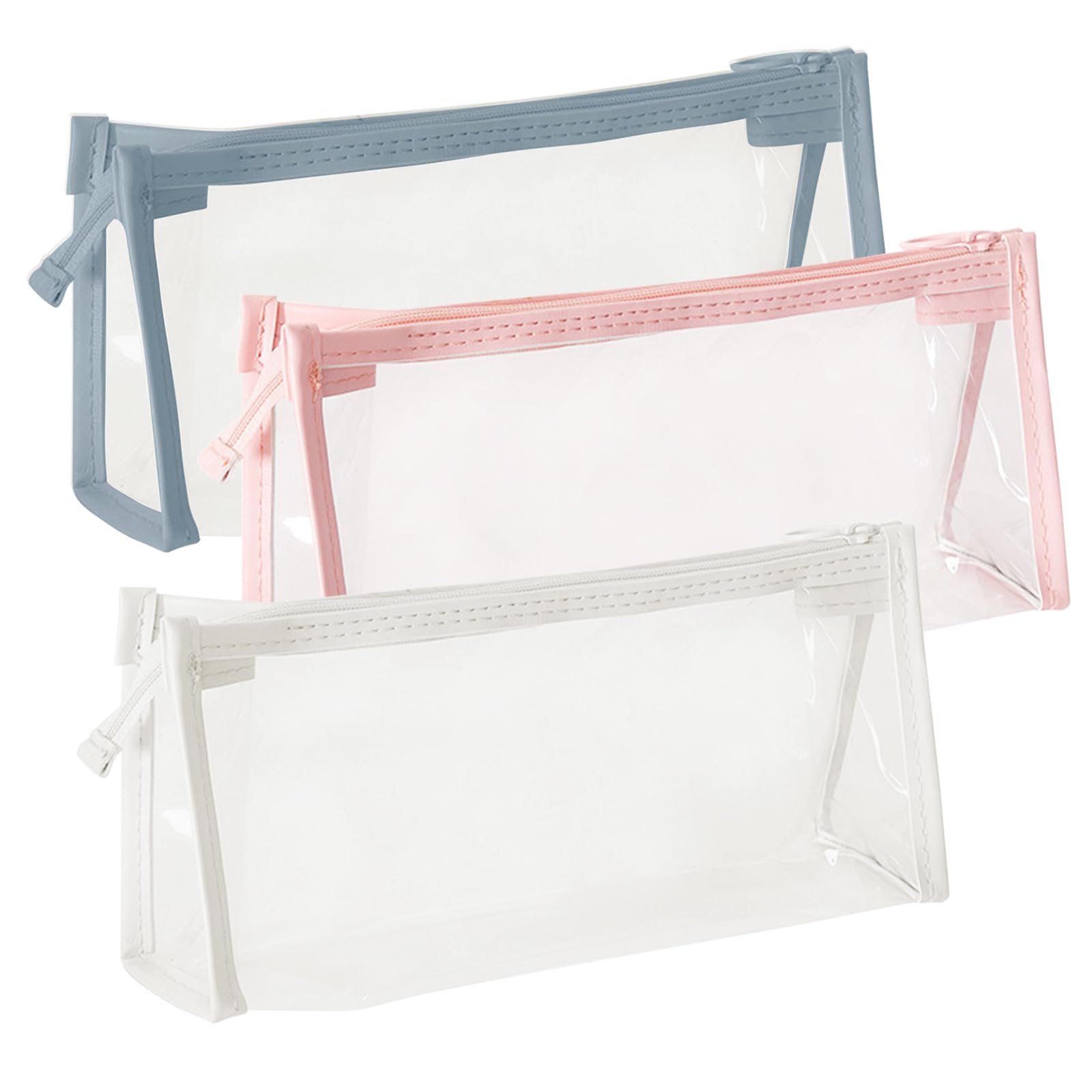 SJDOFU 3 PCS Transparent Pencil Case, Waterproof PVC See Through Pen Cases, Large Capacity, Pink, Blue, White
