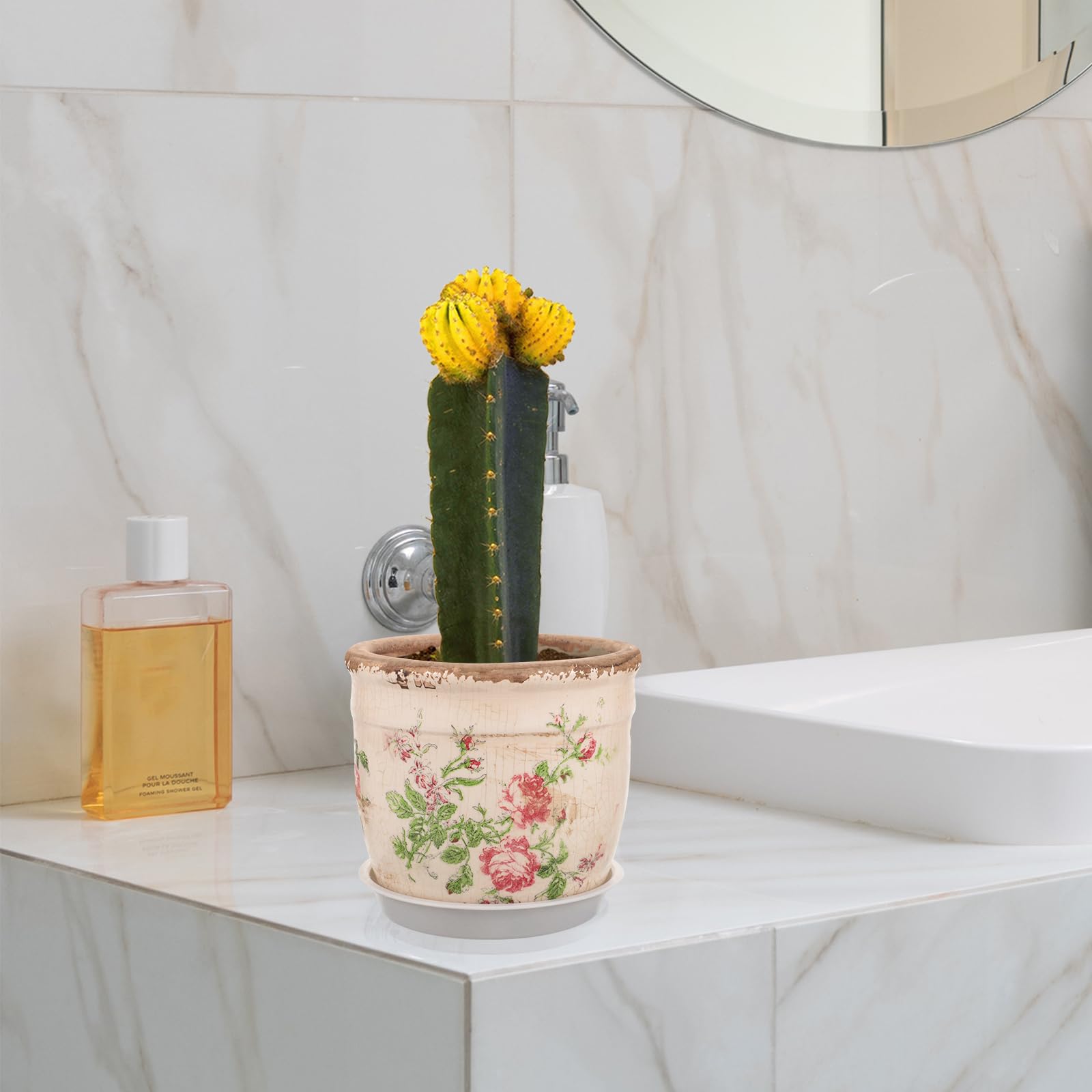 RORPOIR Ceramic Planter Pot with Retro Rose Pattern Indoor Outdoor Succulent Bowl Planter with Drainage Saucer Small Garden Plant Pot for Desk and Windowsill Decoration - Image 3