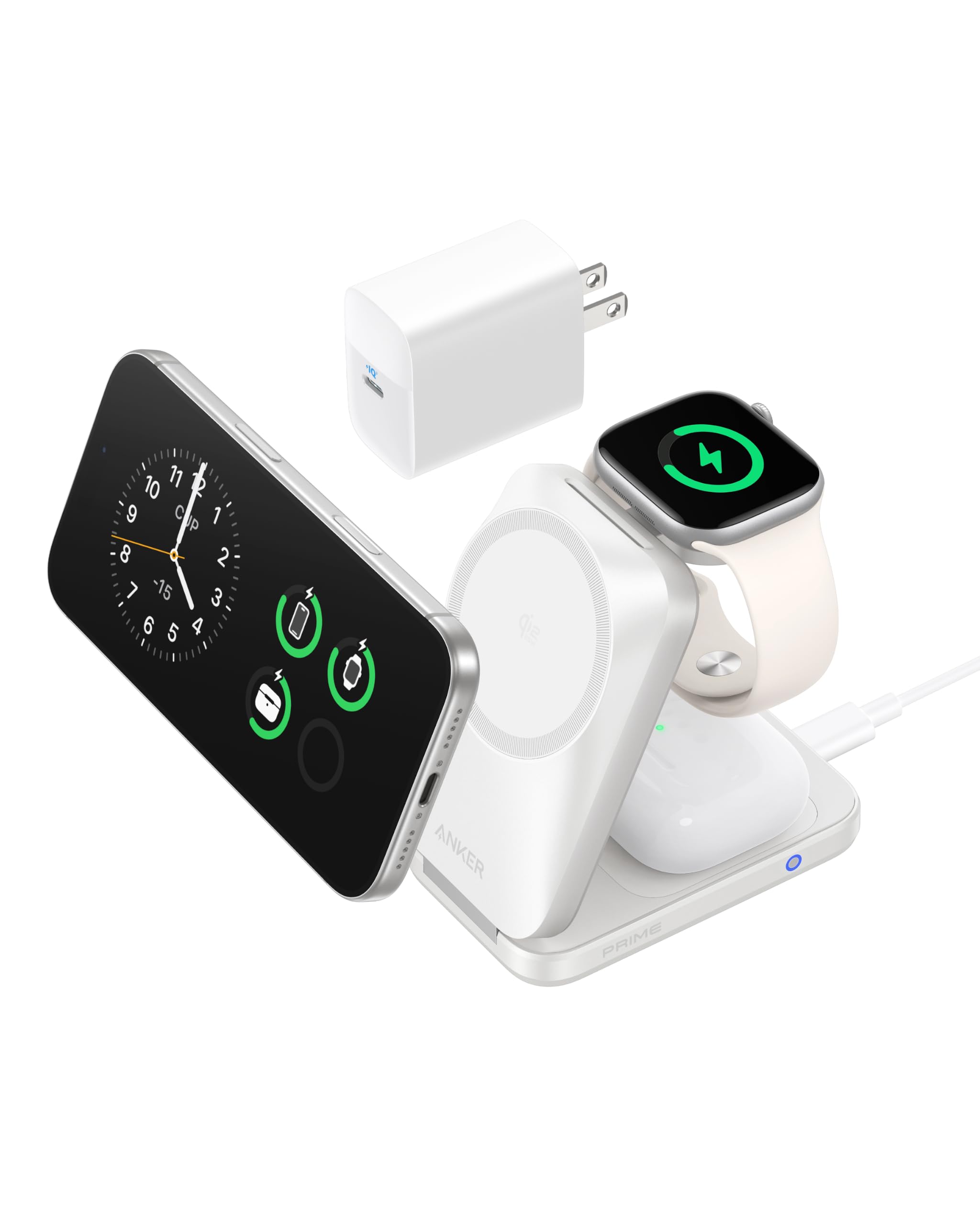 Anker Prime Cargador Inalámbrico iPhone 3 en 1 Plegable Qi2.2 25W, AirCool | MagSafe compatible, compacto y plegable, para iPhone 17/16, Apple Watch y AirPods (sin batería; adaptador incluido).