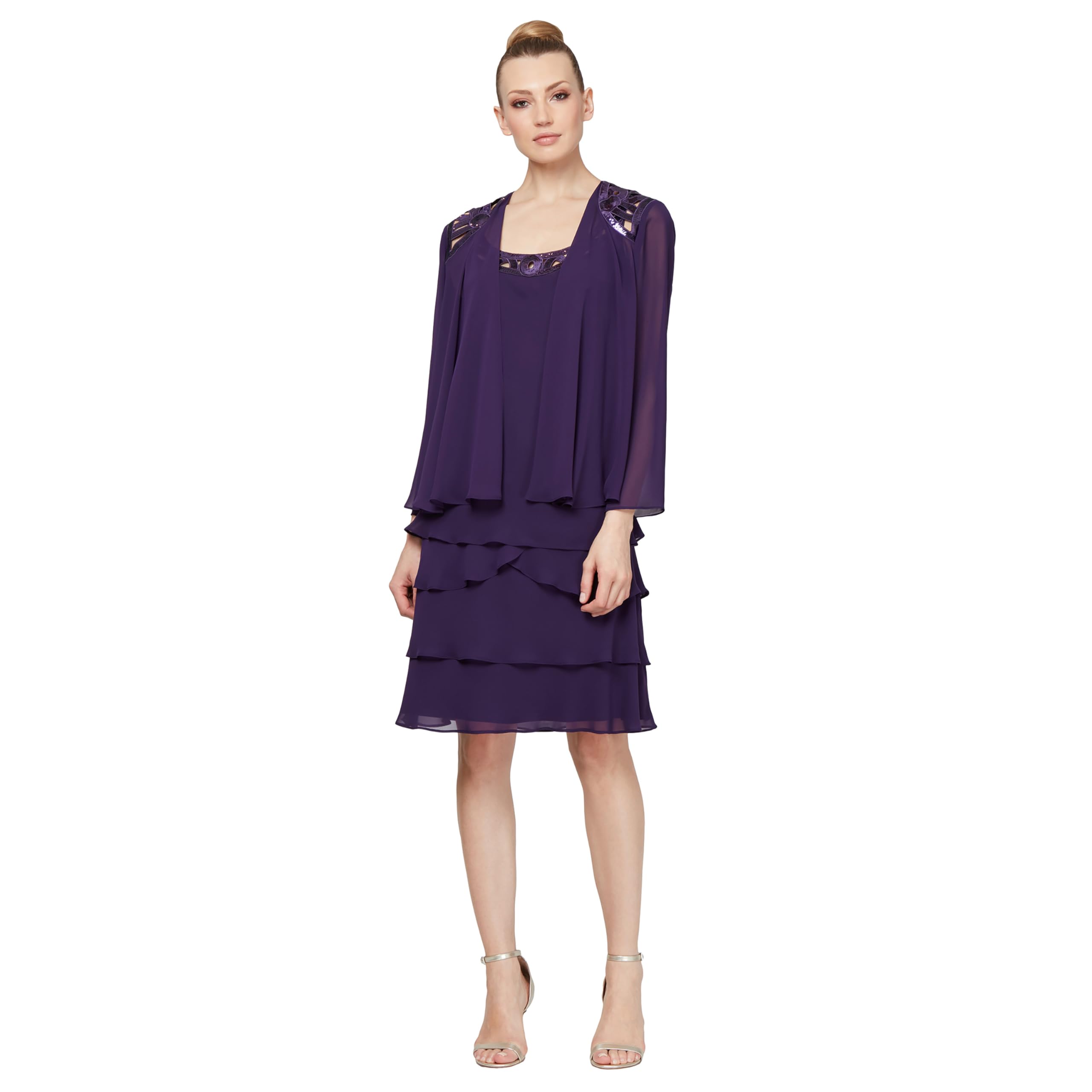 S.L. Fashions Women's Embellished Tiered Sequin Jacket Dress (Petite and Regular) Special Occasion, Eggplant, 22