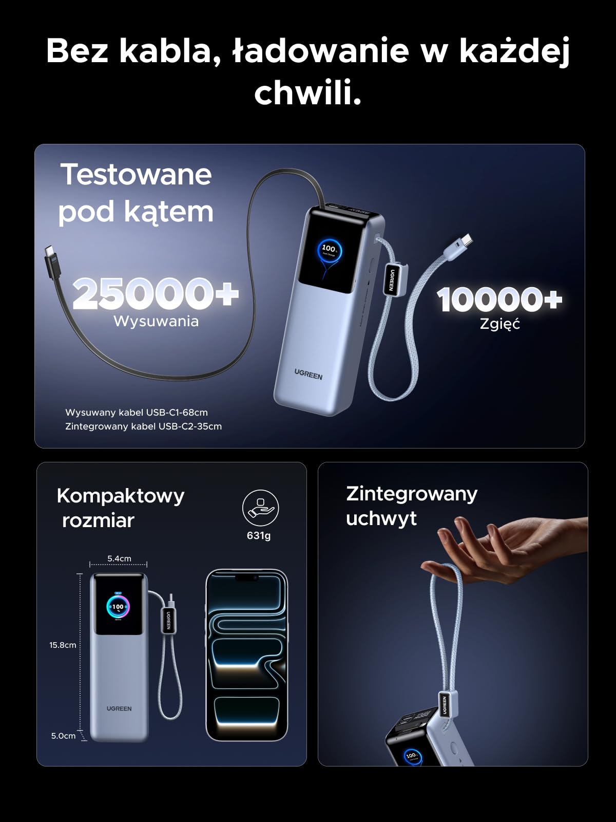 UGREEN Nexode Pro Powerbank 25000mAh 200W z 2 wbud. USB-C-kable | 68cm zwijany kabel, 3x USB-C+1x USB-A, wyświetlacz TFT, do podróży/biura, kompatybilny z MacBook, iPhone