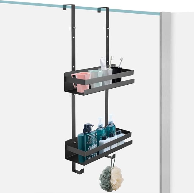 JiGiU Shower Caddy Hanging, 2 Tier Over the Door Shower Caddies,Rustproof Shower Shelf Hanging Shower Organizer Rack Bathroom Shampoo Holder No Drilling Fits Door up to 4.5 cm -Black