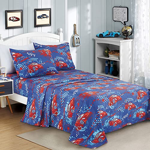 WPM WORLD PRODUCTS MART Red Race Car Print Kids Collection Bedding 3 Piece Racetrack Theme Twin Size Sheet Set with Flat Fitted Sheets Pillow Sham Race Car Design for Bedroom