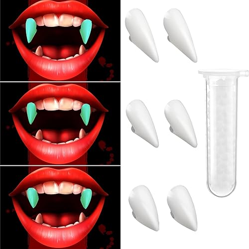 Paquete de 3 dientes falsos de colmillos de vampiro que brillan en la oscuridad con kit de dientes adhesivos, disfraz de zombi de Halloween,