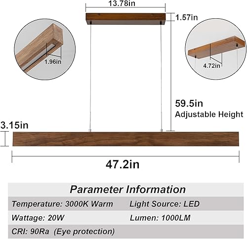 Miniatura 2 de EDISLIVE Lámpara colgante LED lineal de madera, lámpara LED regulable de 47.2 pulgadas, lámpara colgante lineal ajustable, 3000 K, 25 W, luz de isla