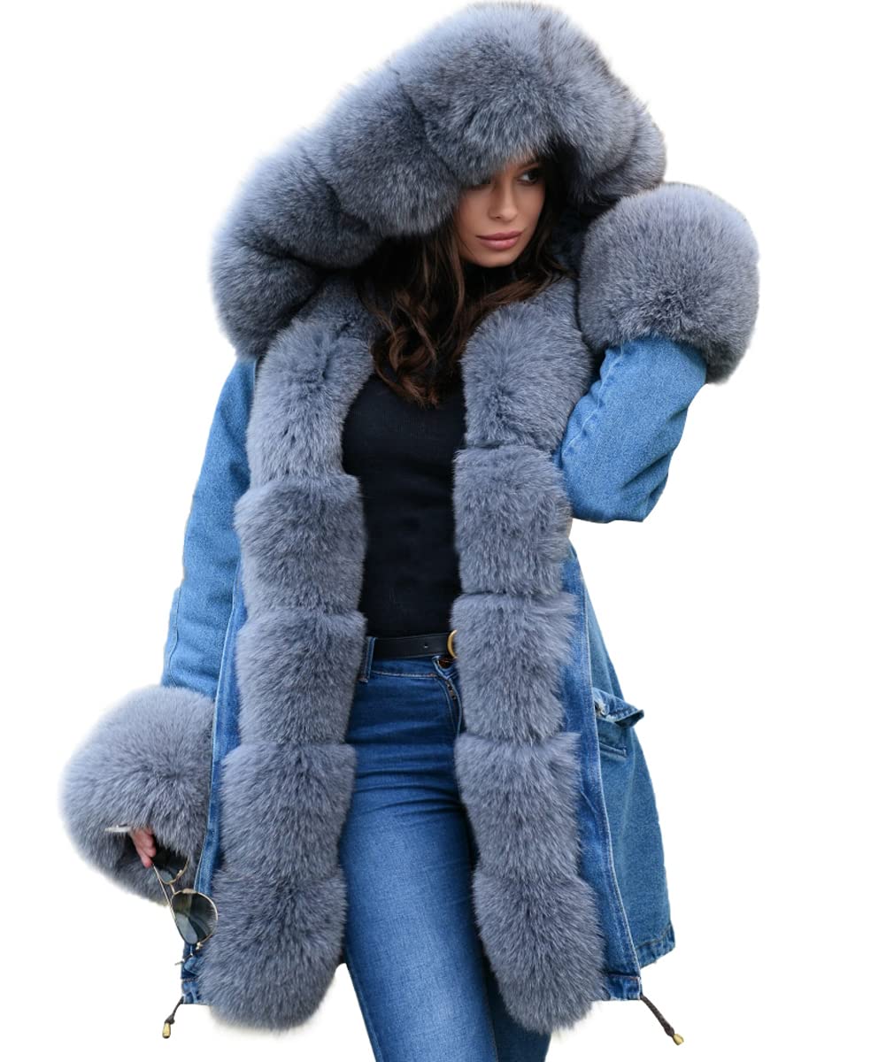 tiptupuWomens Winter Thicken Fur Lined Coats Parka Anorak Overcoat Long Hooded Denim Jackets Plus Size
