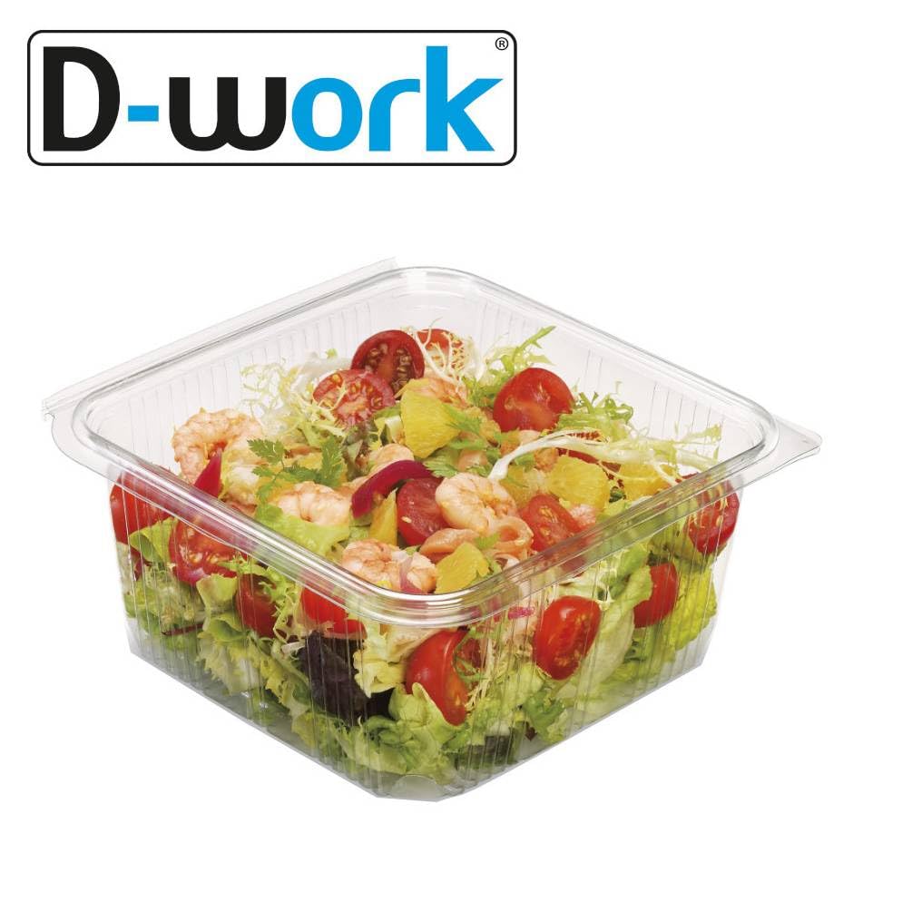 D-Work 60 Barquettes à Salade Carrées 1500 ml avec Couvercle Attenant (188x188xH.70 mm) - Empilables, Hermétiques, Recyclables