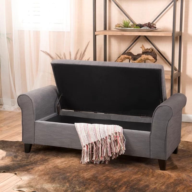 Image of 2 Seater Storage Ottoman Bench with Rolled Arms | Upholstered Fabric Sofa Bench with Hidden Storage | Bedroom Living Room Entryway Seating | Modern Lounge Bench Footrest End of Bed Seat | Grey