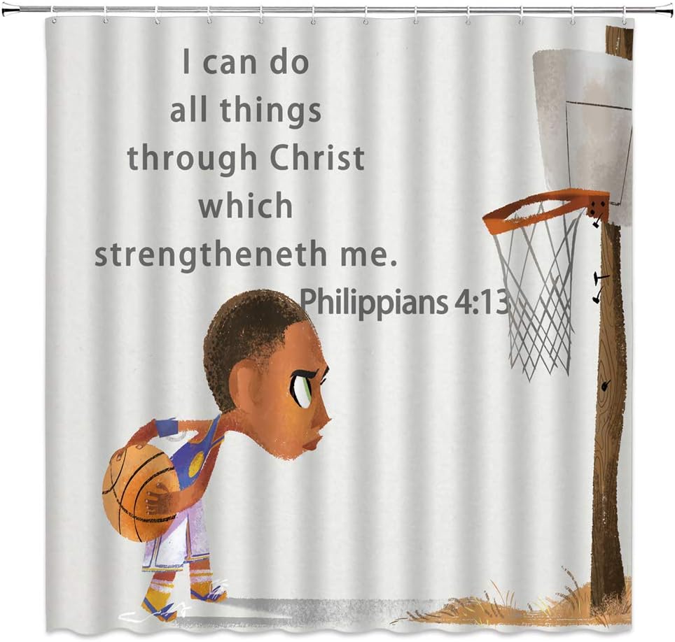Boy Sport Shower Curtain Basketball Inspirational Motto Decor Kid Holding Basketball Hoop Bible Backdrop,Polyester Bathroom Set Curtains 70x70 Inch with Hooks Ivory Brown