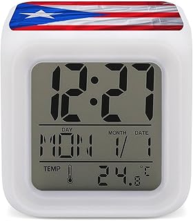 Puerto Rico Flag Alarm Clock HD Digital Display Alarm Clocks with 7 Color Night Light and Temperature Display Sleep Timers for Bedrooms Simple Operation