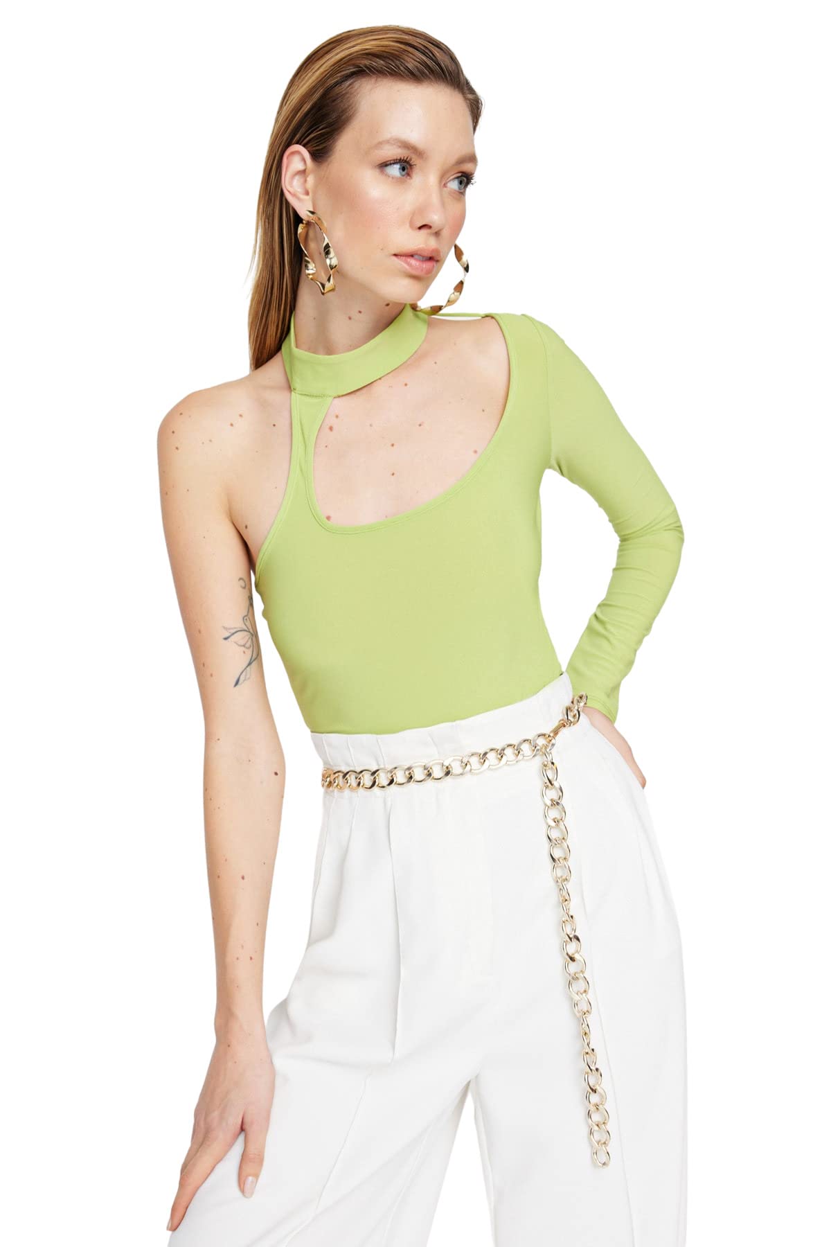 Trendyol Women's Plain Knit Bodysuit Bodystocking, Light Green, 36