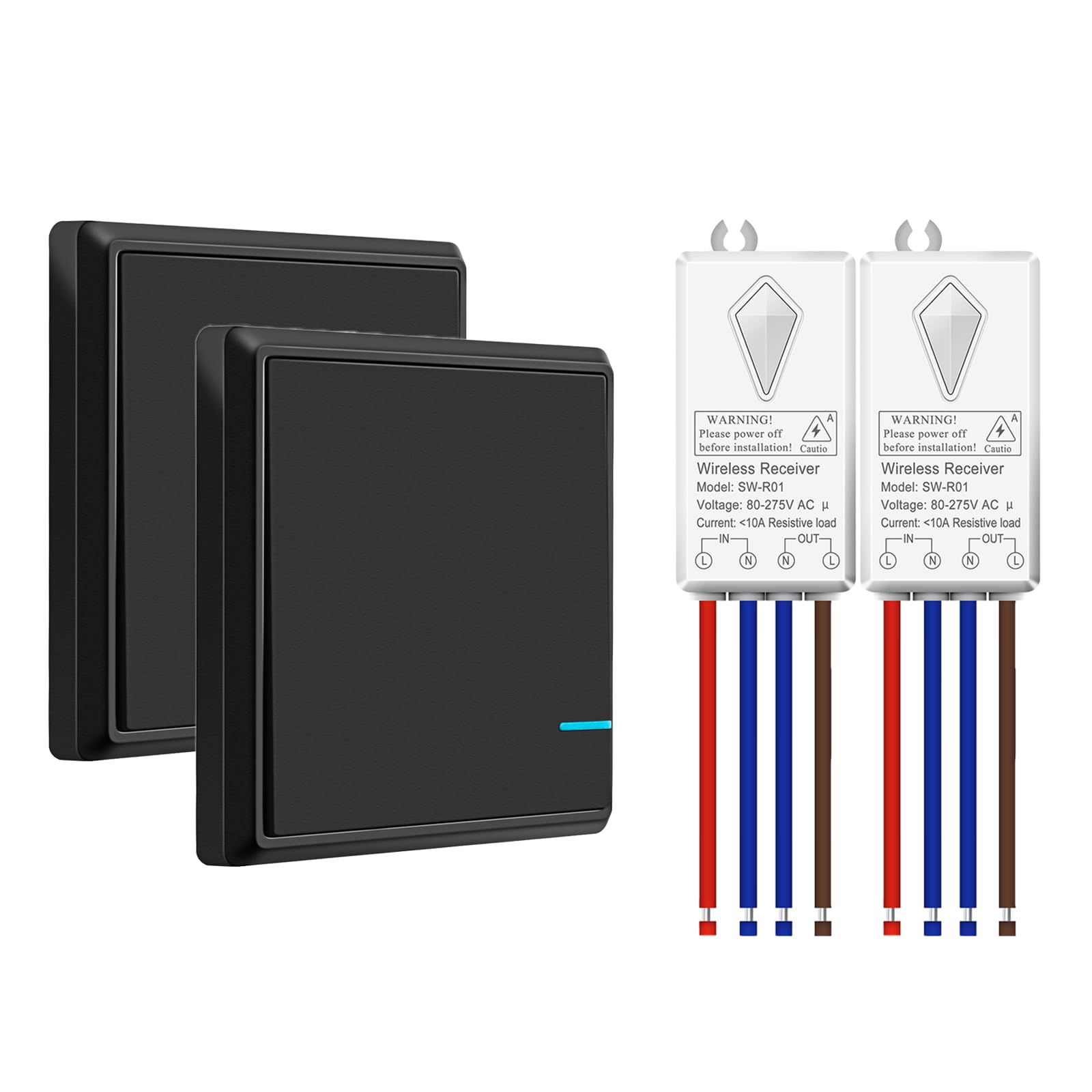 NineLeaf Wireless Switch and Receiver,Black Remote Light Switch with No Wiring,1300FT RF Range,IP66 Waterproof Works for Barhroom,Kitchen,Garden Outdoor Lighting,10A/1000W,2PK