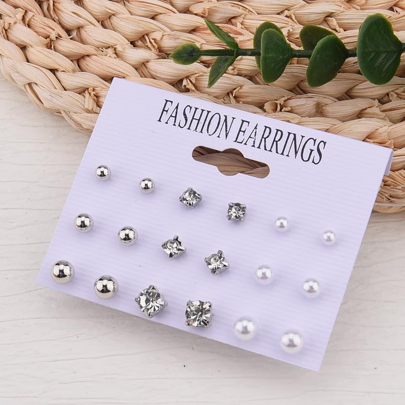 Image of CZ Stud Pearl Earrings for Women Girls Hypoallergenic Earring Set Ear Studs Jewelry for Birthday Christmas Party Gifts Silver 9 Pairs