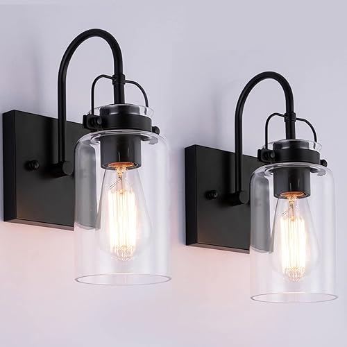 Berliget Juego de dos apliques de pared negros de granja, lámpara de pared de vidrio transparente industrial, lámpara de montaje para baño,