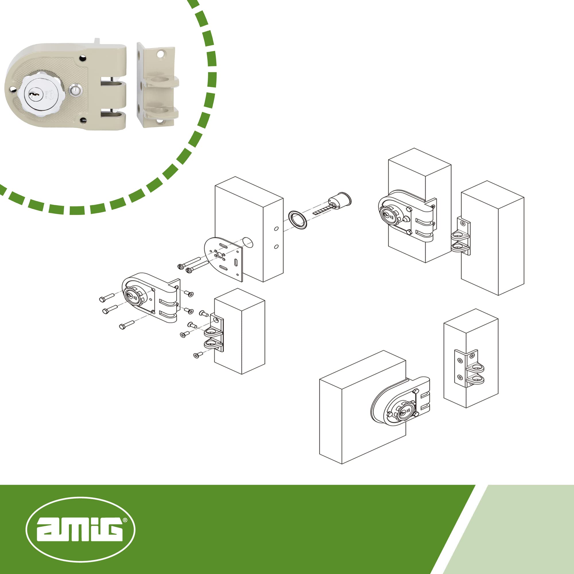 Amig - Verrouillage de Surpose Droite avec levier de Fermoir, Languette et Poignée pour Portes en Bois Mod. 1396 | 60 mm | Loquet avec Cylindre Intérieur et Extérieur | Acier Beige