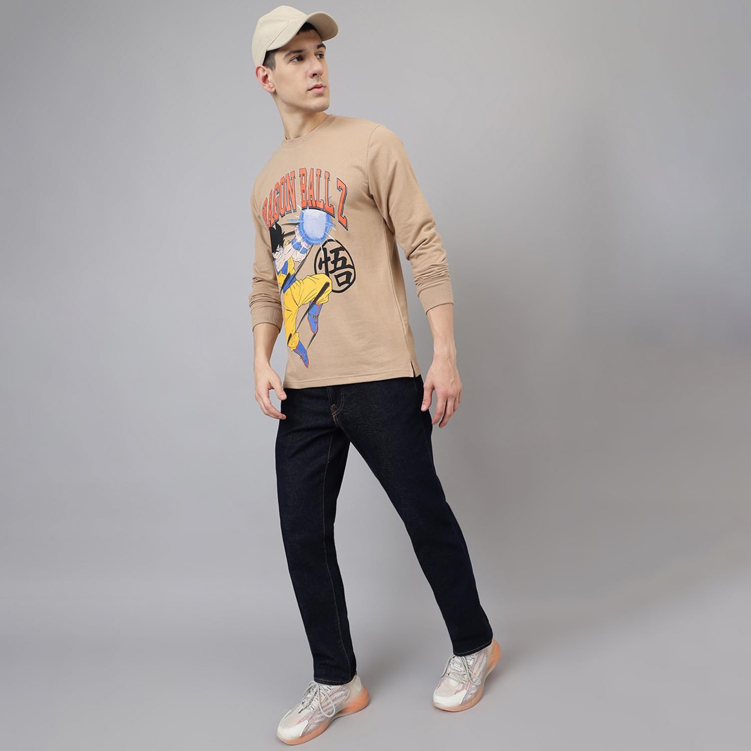 Free Authority Offizielles Dragon Ball Z: Goku Anime Grafikdruck Baumwolle Beige Regular Fit Full Sleeve T-Shirt für Herren