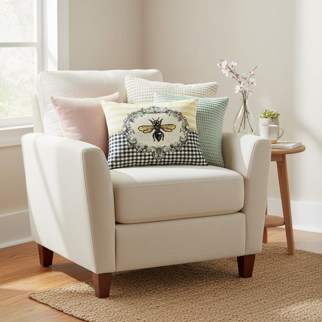 Comfy Hour 18"x13" Spring Bee Decorative Throw Pillow with Insert, Vintage French Country Style Cushion, Farmhouse Gingham Plaid Accent for Sofa and Patio, Polyester Home Decor, 1 Unit