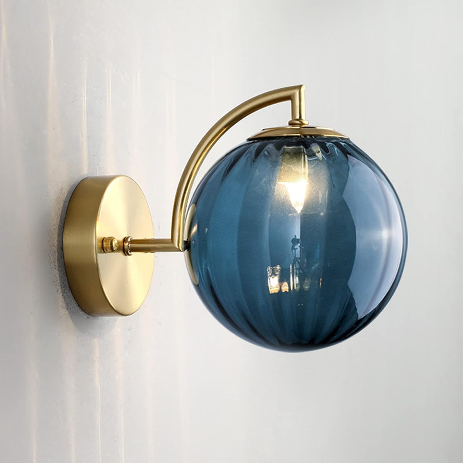 KBUUKYYXouy Renter Friendly Post Modern Nordic Glass Wall Sconce Industrial Farmhouse Mid Century Wall Light Green Gray Amber Ribbed Glass Ball Round Bathroom Wall Mounted Lamp(Blue)