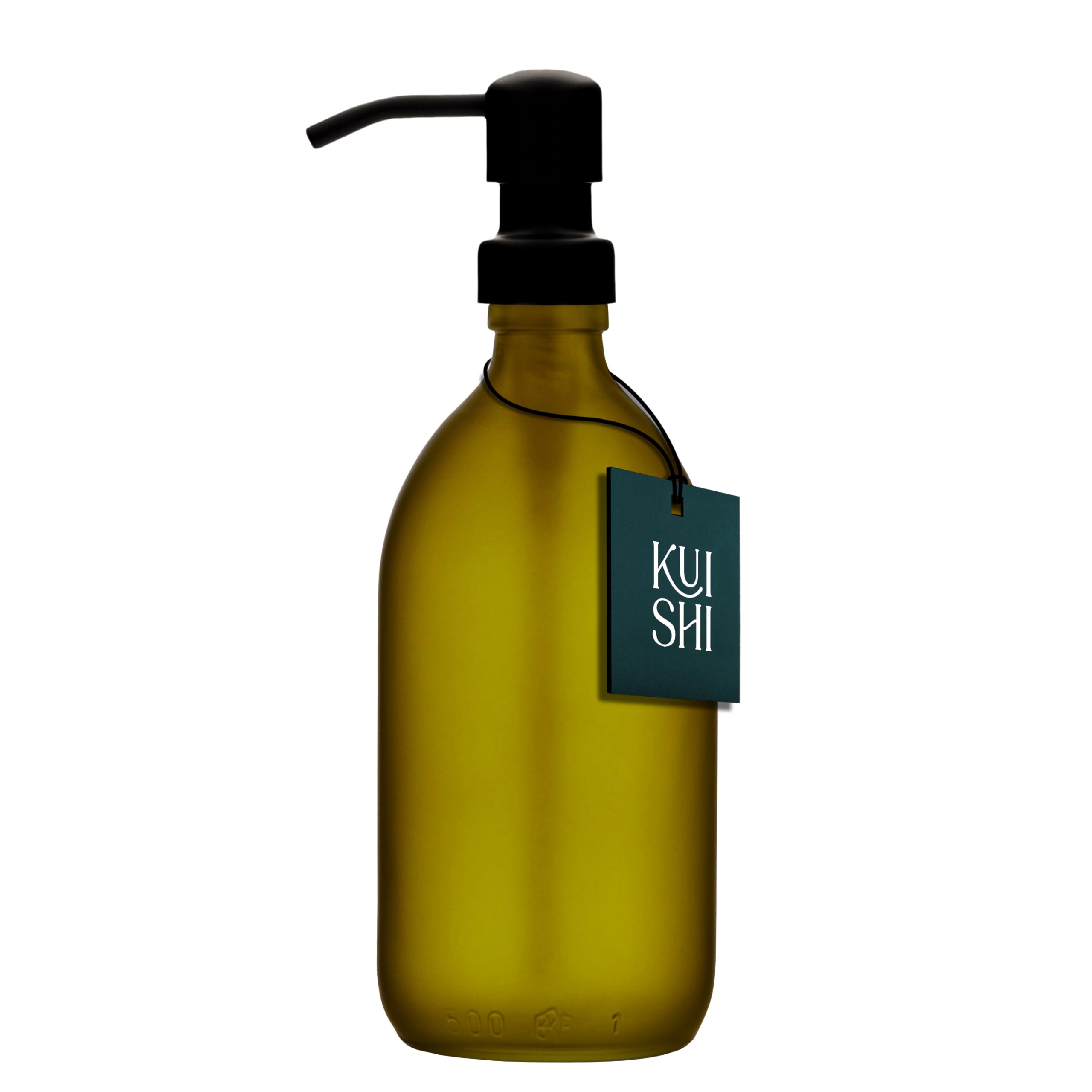 Kuishi 500ml Green Matte Glass Soap Dispenser with Black Stainless Steel Pump – Refillable BPA-Free Shampoo and Conditioner Dispenser - Hand Soap Bottle for Kitchen & Bathroom
