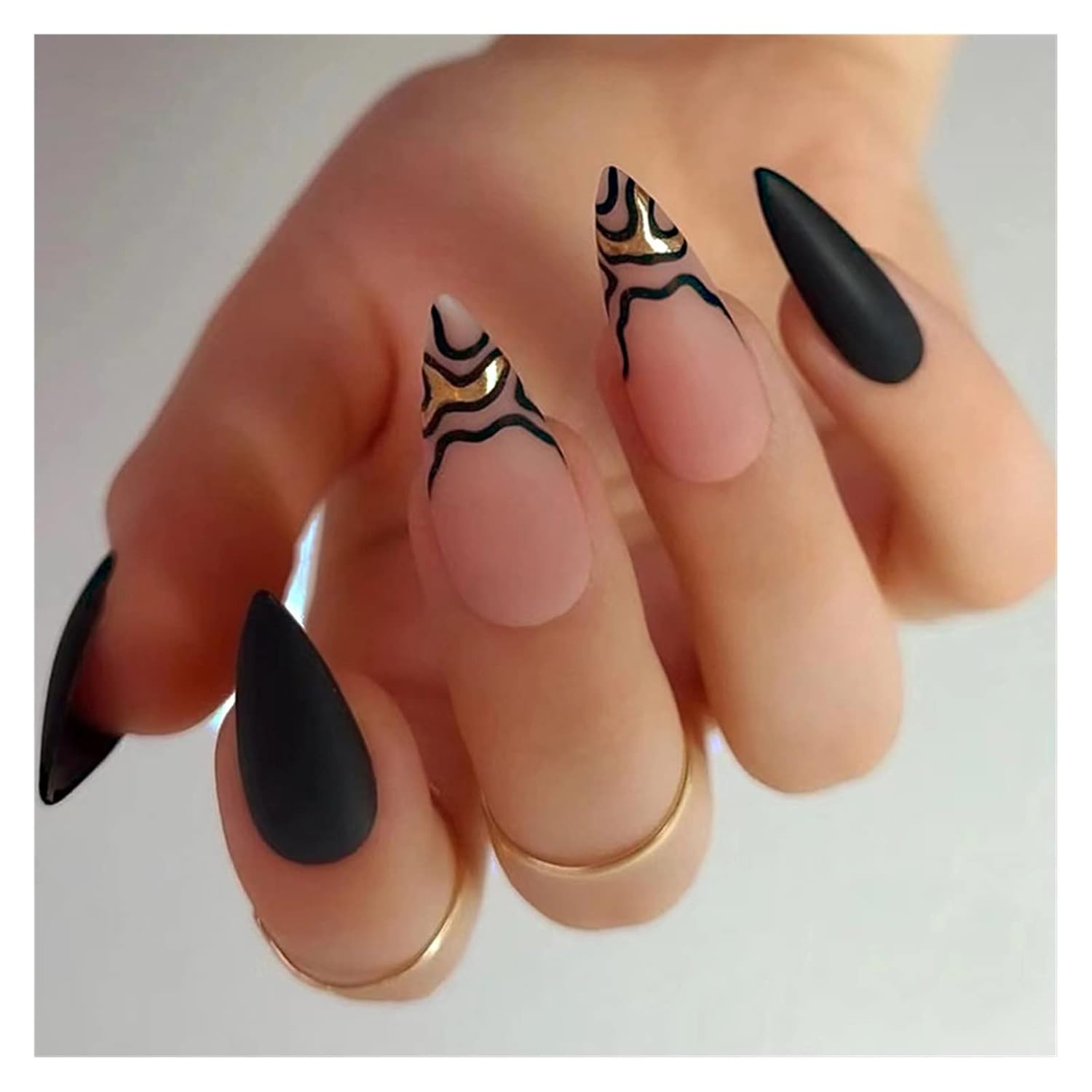 GeRRiT 24Pc Stiletto French False Nails Black Edge Designs Fake Nail With Rhinestone Almond Full Cover Nail Tips Wearable Press On Nail Korea DIY Cream Luxury Summer Skirt Vintage