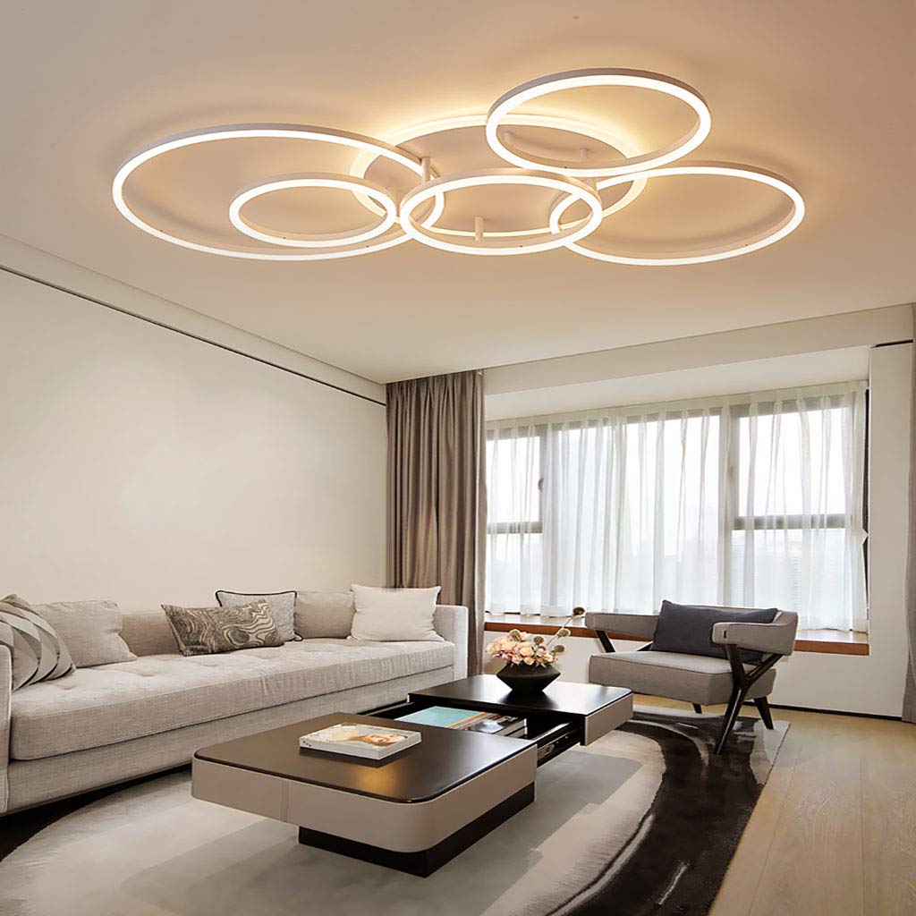 LED Deckenleuchte Moderne Pendelleuchte Kreativer Kronleuchter Mit Fernbedienung Dimmbarer Deckenstrahler Round 6 Circle 86W Schlafzimmer Deckenlampe Acryl Aluminium Wohnzimmer Leuchte,Weiß