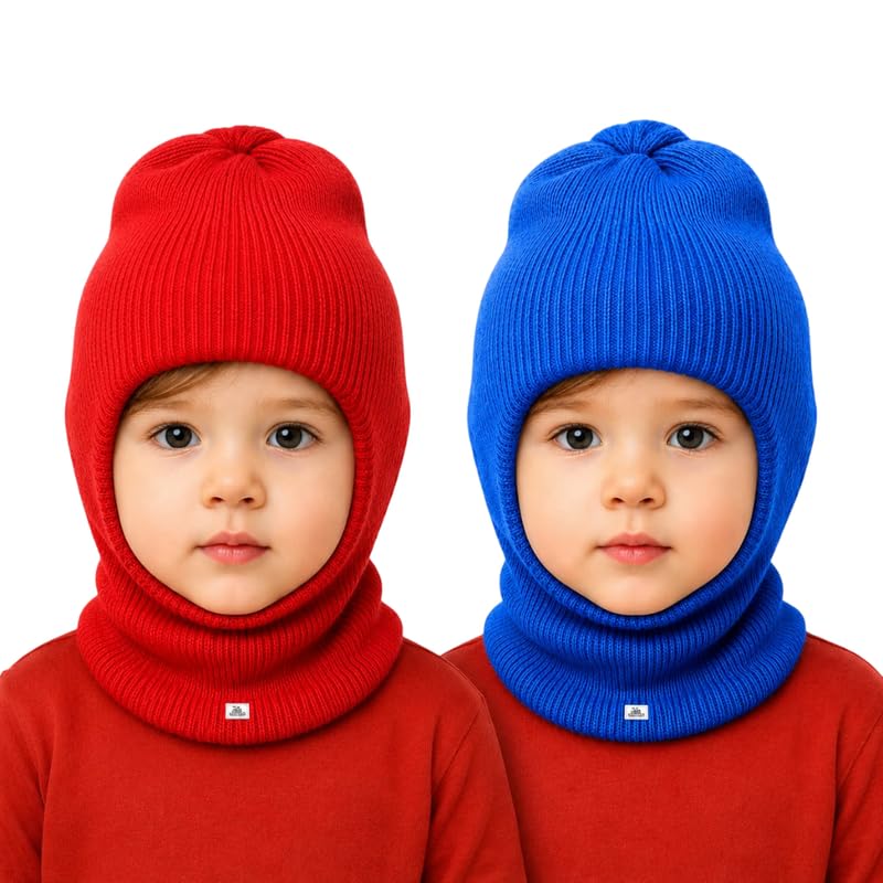 krystle kids winter balaclava cap for boys & girls, warm knitted beanie hat, winter woolen cap for cold weather, pack of 2 (3 months-3 years)(multicolor)