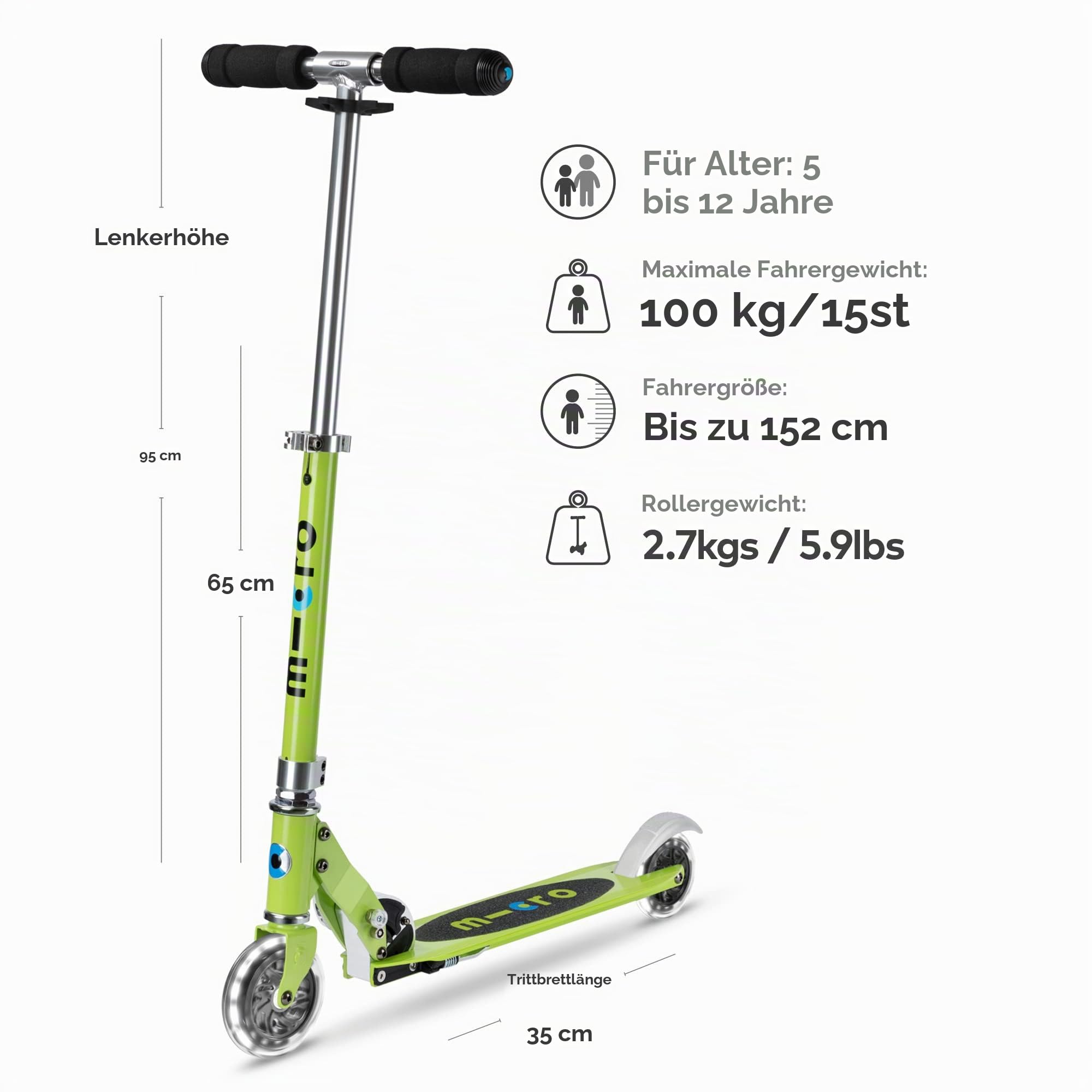 MICRO™ Sprite LED Kinder Kinderscooter | Cityroller mit LED-Rollen | klappbar und Lenker höhenverstellbar | ab 5 J. | Tretroller in 6 Farben erhältlich