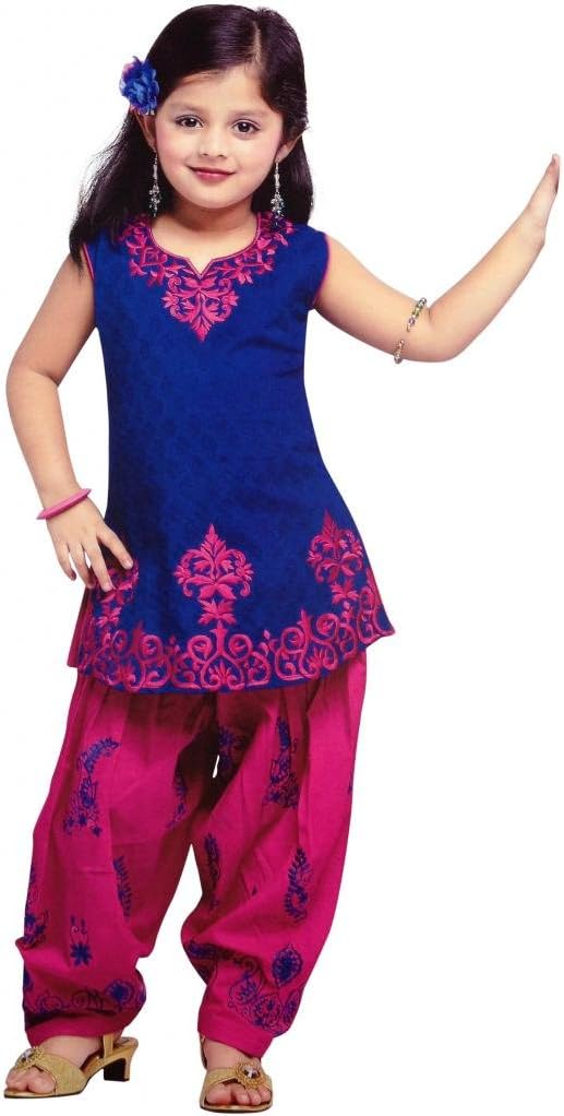 Baby's/Girl's Partywear Blue & Pink Cotton Patiyala Suit for Girl's, Indian Clothing